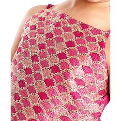 Pine Kids Woven Sleeveless Sequenced Choli & Dupatta With Foil Printed Lehenga Set- Dark Pink