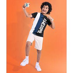 Pine Kids Cotton Knit Half Sleeves T-Shirt Text Print- Jet Black & Gibraltar Sea