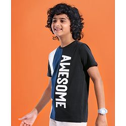 Pine Kids Cotton Knit Half Sleeves T-Shirt Text Print- Jet Black & Gibraltar Sea