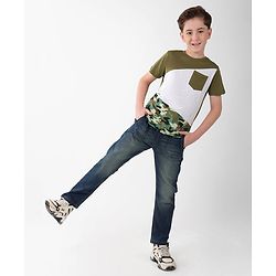 Pine Kids Cotton Half Sleeves Cut & Sew Camouflage T-Shirt with Front Pocket - Capulet Olive