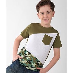 Pine Kids Cotton Half Sleeves Cut & Sew Camouflage T-Shirt with Front Pocket - Capulet Olive