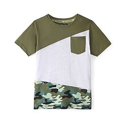 Pine Kids Cotton Half Sleeves Cut & Sew Camouflage T-Shirt with Front Pocket - Capulet Olive