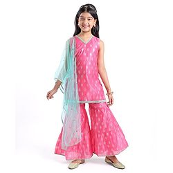 Pine Kids Woven Sleeveless Embroidered Kurti Foil Printed Palazzo & Sequenced Dupatta Set -Pink