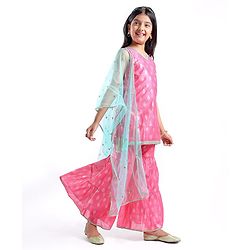 Pine Kids Woven Sleeveless Embroidered Kurti Foil Printed Palazzo & Sequenced Dupatta Set -Pink