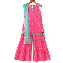 Pine Kids Woven Sleeveless Embroidered Kurti Foil Printed Palazzo & Sequenced Dupatta Set -Pink