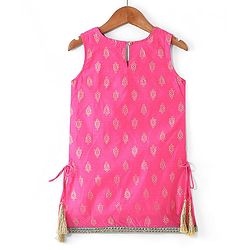 Pine Kids Woven Sleeveless Embroidered Kurti Foil Printed Palazzo & Sequenced Dupatta Set -Pink