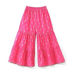 Pine Kids Woven Sleeveless Embroidered Kurti Foil Printed Palazzo & Sequenced Dupatta Set -Pink