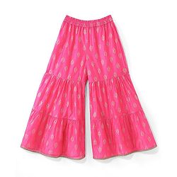 Pine Kids Woven Sleeveless Embroidered Kurti Foil Printed Palazzo & Sequenced Dupatta Set -Pink