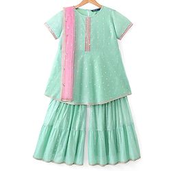 Pine Kids Half Sleeves Kurta & Sharara with Dupatta Foil Print & Embroidered - Mint