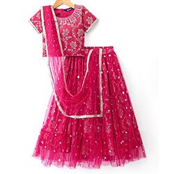 Pine Kids Woven Half Sleeves Choli Lahenga Set with Dupatta Floral Print - Pink