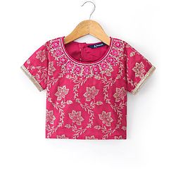 Pine Kids Woven Half Sleeves Choli Lahenga Set with Dupatta Floral Print - Pink