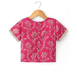 Pine Kids Woven Half Sleeves Choli Lahenga Set with Dupatta Floral Print - Pink