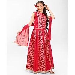 Pine Kids Woven Sleeveless Embroidered Choli Lehenga Set with Dupatta - Salsa