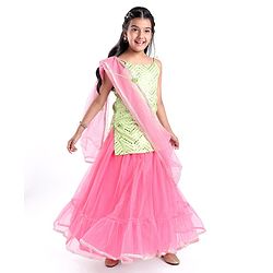 Pine Kids Woven Sleeveless Choli Lahenga & Dupatata With Mirror & Sequin Design - Green & Pink
