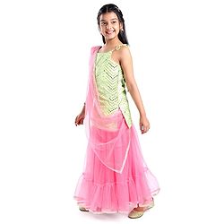 Pine Kids Woven Sleeveless Choli Lahenga & Dupatata With Mirror & Sequin Design - Green & Pink