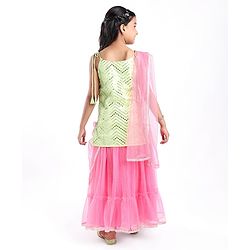 Pine Kids Woven Sleeveless Choli Lahenga & Dupatata With Mirror & Sequin Design - Green & Pink