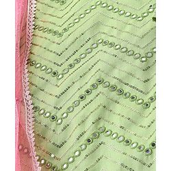 Pine Kids Woven Sleeveless Choli Lahenga & Dupatata With Mirror & Sequin Design - Green & Pink