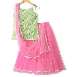 Pine Kids Woven Sleeveless Choli Lahenga & Dupatata With Mirror & Sequin Design - Green & Pink
