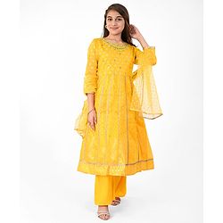 Pine Kids Woven Three Fourth Sleeves Embroidered Kurti & Salwar Set with Dupatta - Yellow