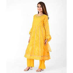 Pine Kids Woven Three Fourth Sleeves Embroidered Kurti & Salwar Set with Dupatta - Yellow