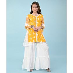 Pine Kids Three Fourth Sleeves Kurti & Churidar Set with Dupatta Floral Embroidery - Yellow