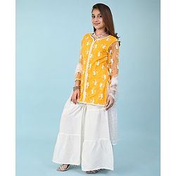 Pine Kids Three Fourth Sleeves Kurti & Churidar Set with Dupatta Floral Embroidery - Yellow