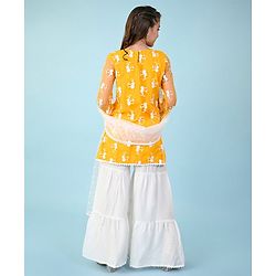 Pine Kids Three Fourth Sleeves Kurti & Churidar Set with Dupatta Floral Embroidery - Yellow