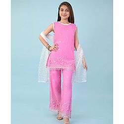 Pine Kids Sleeveless Kurti & Salwar With Dupatta Set with Floral Embroidery- Hot Pink