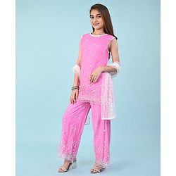 Pine Kids Sleeveless Kurti & Salwar With Dupatta Set with Floral Embroidery- Hot Pink