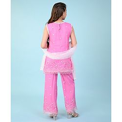 Pine Kids Sleeveless Kurti & Salwar With Dupatta Set with Floral Embroidery- Hot Pink