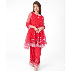 Pine Kids Full Sleeves Kurti  Salwar & Dupatta Set with Floral Embroidery- Poppy Red