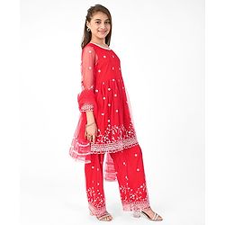 Pine Kids Full Sleeves Kurti  Salwar & Dupatta Set with Floral Embroidery- Poppy Red