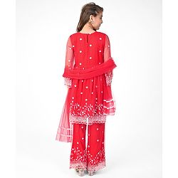 Pine Kids Full Sleeves Kurti  Salwar & Dupatta Set with Floral Embroidery- Poppy Red