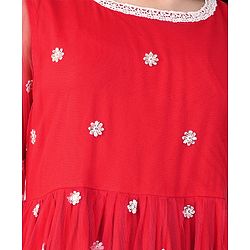 Pine Kids Full Sleeves Kurti  Salwar & Dupatta Set with Floral Embroidery- Poppy Red