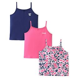 Pine Kids Cotton Spandex Knit Sleeveless Solid & Floral Print  Slips with Bow Applique Pack of 3 - Blue White & Pink