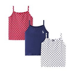 Pine Kids Cotton Lycra Knit Sleeveless  Slips POlka Dotted & Butterfly Print with Bow Applique Pack of 3 - Blue Red & White