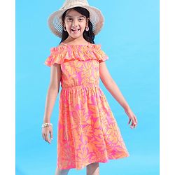 Pine Kids 100% Cotton Knit Sleevless Singlet Frock with Floral Print - Neon Pink