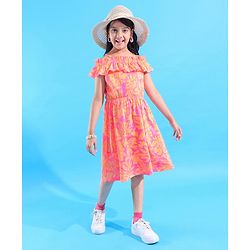 Pine Kids 100% Cotton Knit Sleevless Singlet Frock with Floral Print - Neon Pink