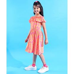 Pine Kids 100% Cotton Knit Sleevless Singlet Frock with Floral Print - Neon Pink