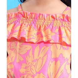 Pine Kids 100% Cotton Knit Sleevless Singlet Frock with Floral Print - Neon Pink