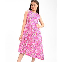 Pine Kids 100% Cotton Knit Sleeveless Frock Floral Print - Pink Frosting