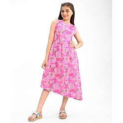 Pine Kids 100% Cotton Knit Sleeveless Frock Floral Print - Pink Frosting