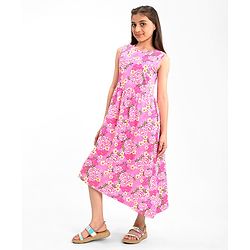 Pine Kids 100% Cotton Knit Sleeveless Frock Floral Print - Pink Frosting