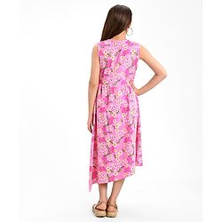 Pine Kids 100% Cotton Knit Sleeveless Frock Floral Print - Pink Frosting