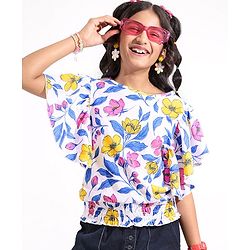 Pine Kids Half Sleeves Top With Floral Print - White