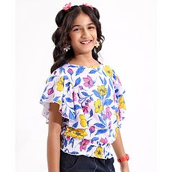 Pine Kids Half Sleeves Top With Floral Print - White