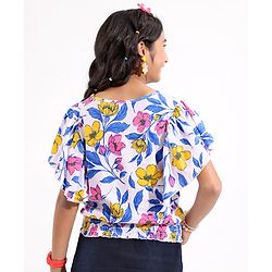 Pine Kids Half Sleeves Top With Floral Print - White