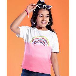 Pine Kids Cotton Knit Half Sleeves Dual Toned T-Shirt with Floral Print - Pink & White