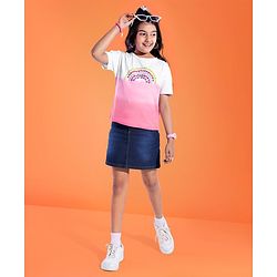 Pine Kids Cotton Knit Half Sleeves Dual Toned T-Shirt with Floral Print - Pink & White