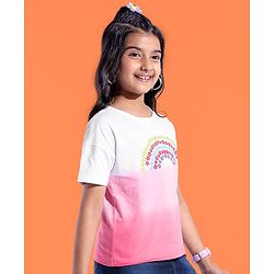 Pine Kids Cotton Knit Half Sleeves Dual Toned T-Shirt with Floral Print - Pink & White
